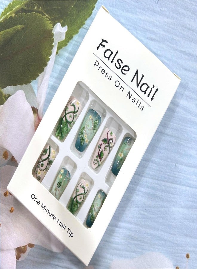 CJDLTS Green Press on Nails Medium Ballet Shaped Green Vine False Nail Spring Manicure Acrylic Glossy Glue on Nails Press Ons Fingernails Full Cover Artificial Stick on Nail for Women 24Pcs - Image 5